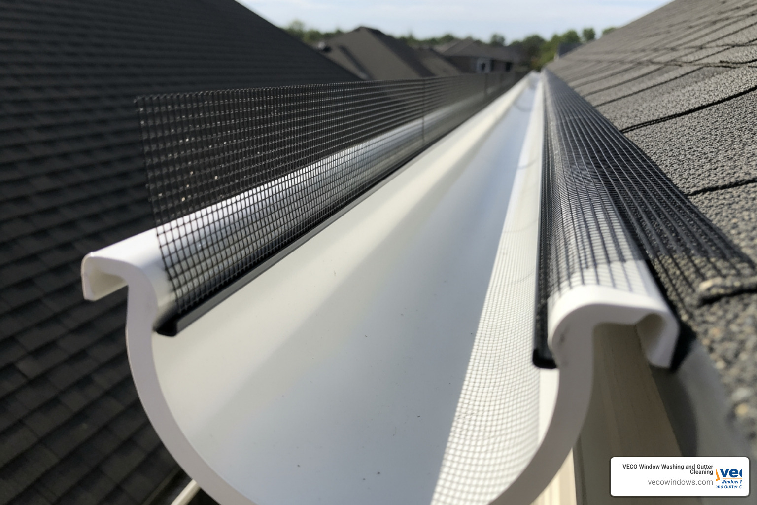 Clean gutter with a micro-mesh gutter guard installed - storm gutter cleaning Clean gutter with a micro-mesh gutter guard installed - storm gutter cleaning