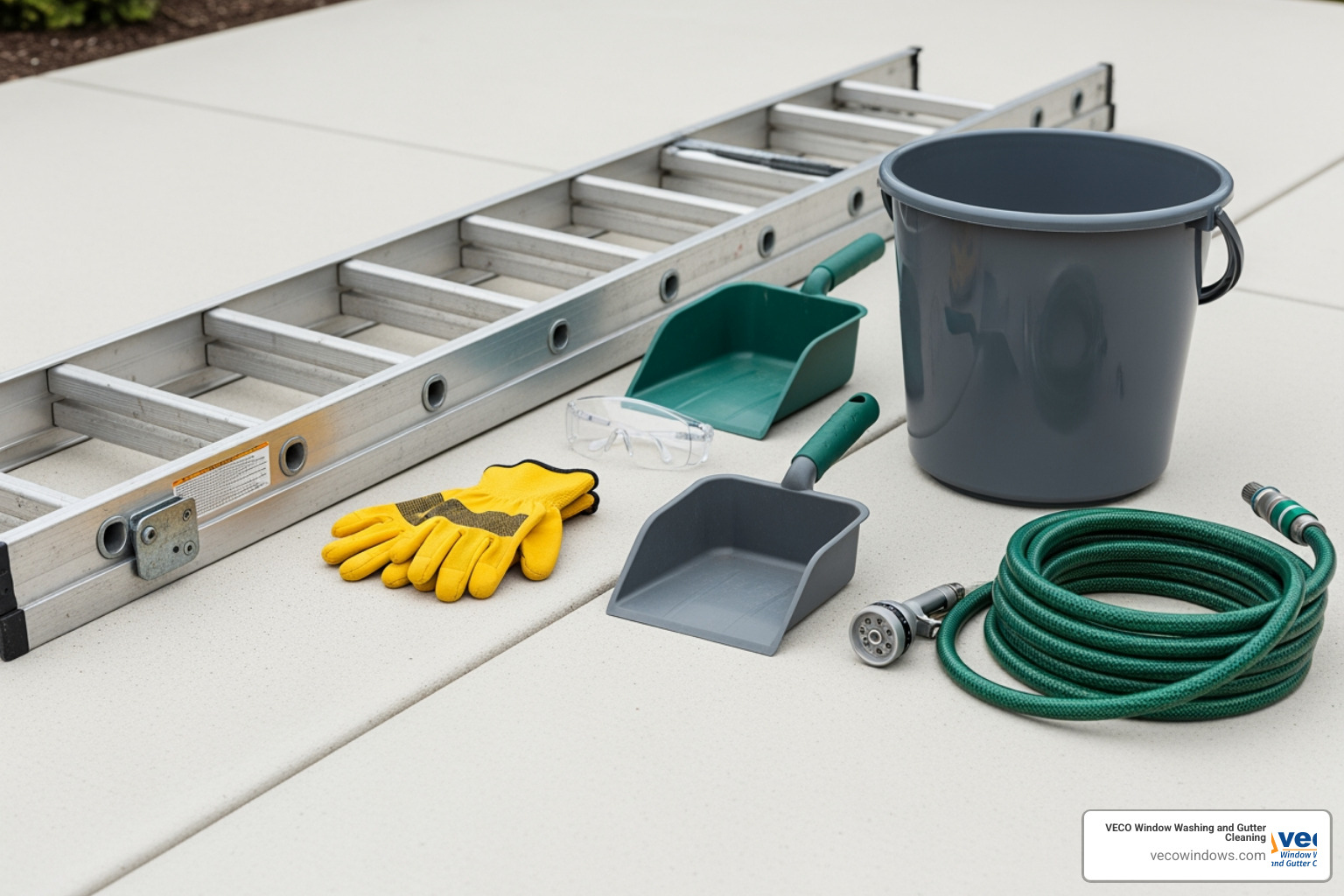 Gutter cleaning tools laid out, including a sturdy ladder, work gloves, safety glasses, gutter scoop, bucket, and garden hose with nozzle - storm gutter cleaning Gutter cleaning tools laid out, including a sturdy ladder, work gloves, safety glasses, gutter scoop, bucket, and garden hose with nozzle - storm gutter cleaning