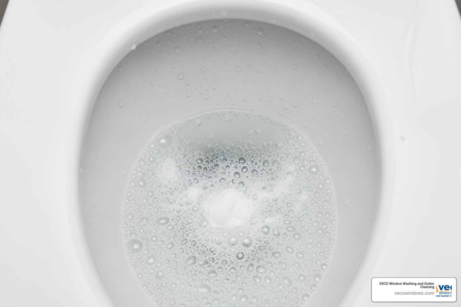 A toilet bowl being cleaned with vinegar and baking soda, showing the fizzing reaction - hard water stain removal