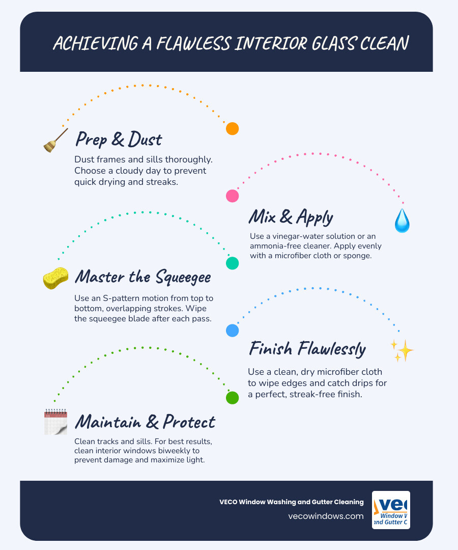 Infographic showing the step-by-step interior glass cleaning process: 1. Dust and prepare the surface, 2. Mix cleaning solution with distilled water and vinegar or ammonia-free cleaner, 3. Apply solution evenly with microfiber cloth or sponge, 4. Use squeegee in S-pattern from top to bottom, wiping blade after each stroke, 5. Dry edges with clean microfiber cloth, 6. Clean tracks and sills with vacuum and damp cloth. Includes frequency recommendation of biweekly cleaning and benefits: increased natural light by up to 30%, improved energy efficiency, extended window lifespan, and enhanced curb appeal. - interior glass cleaning infographic infographic-line-5-steps-blues-accent_colors Infographic showing the step-by-step interior glass cleaning process: 1. Dust and prepare the surface, 2. Mix cleaning solution with distilled water and vinegar or ammonia-free cleaner, 3. Apply solution evenly with microfiber cloth or sponge, 4. Use squeegee in S-pattern from top to bottom, wiping blade after each stroke, 5. Dry edges with clean microfiber cloth, 6. Clean tracks and sills with vacuum and damp cloth. Includes frequency recommendation of biweekly cleaning and benefits: increased natural light by up to 30%, improved energy efficiency, extended window lifespan, and enhanced curb appeal. - interior glass cleaning infographic infographic-line-5-steps-blues-accent_colors