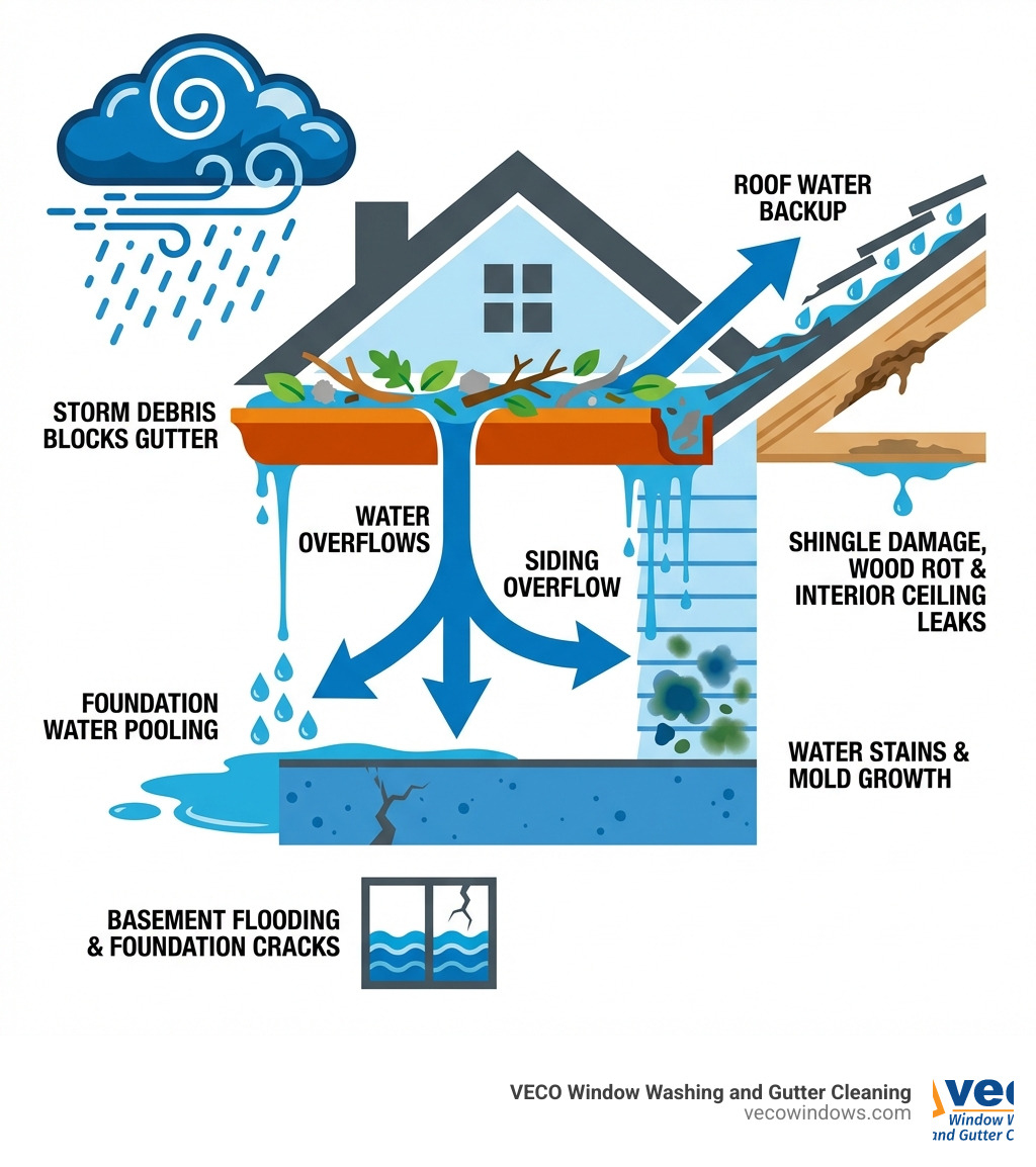 Infographic showing the chain of damage from clogged gutters: Storm debris blocks gutter → Water overflows → Foundation water pooling → Basement flooding and foundation cracks; Roof water backup → Shingle damage and wood rot → Interior ceiling leaks; Siding overflow → Water stains and mold growth - storm gutter cleaning infographic Infographic showing the chain of damage from clogged gutters: Storm debris blocks gutter → Water overflows → Foundation water pooling → Basement flooding and foundation cracks; Roof water backup → Shingle damage and wood rot → Interior ceiling leaks; Siding overflow → Water stains and mold growth - storm gutter cleaning infographic