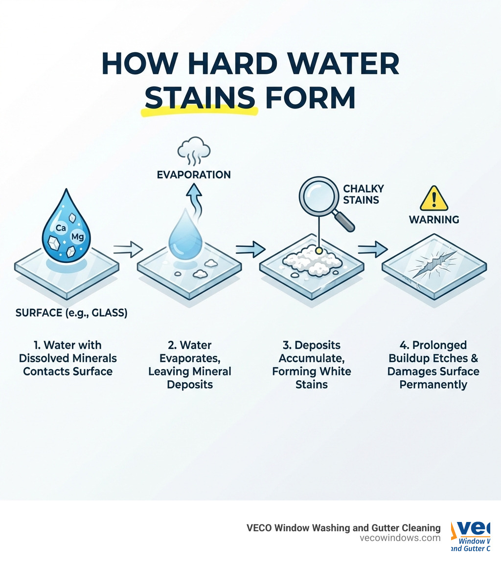Infographic showing how hard water stains form: water containing dissolved calcium and magnesium minerals contacts a surface, water evaporates leaving mineral deposits behind, deposits accumulate over time forming white chalky stains, prolonged buildup can etch into glass and other surfaces causing permanent damage - hard water stain removal infographic 