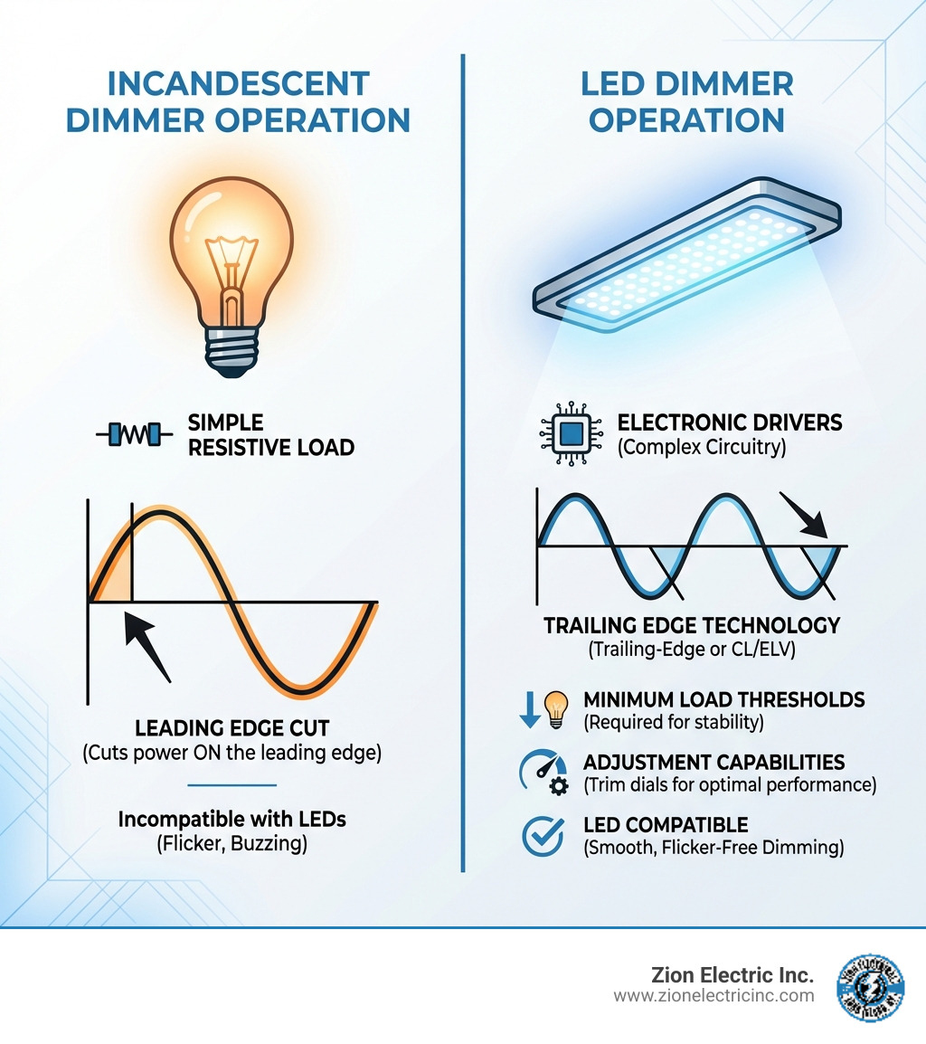 Infographic showing the key differences between incandescent dimmer operation (simple resistive load, cuts power on the leading edge of the AC wave) versus LED dimmer operation (works with electronic drivers, uses trailing-edge technology, requires minimum load thresholds, and includes adjustment capabilities for optimal performance) - Dimmer switch LED compatible infographic 