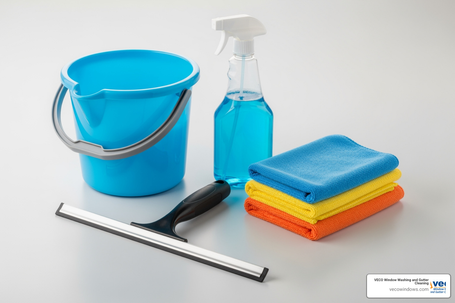 Professional window cleaning toolkit laid out neatly - interior glass cleaning Professional window cleaning toolkit laid out neatly - interior glass cleaning