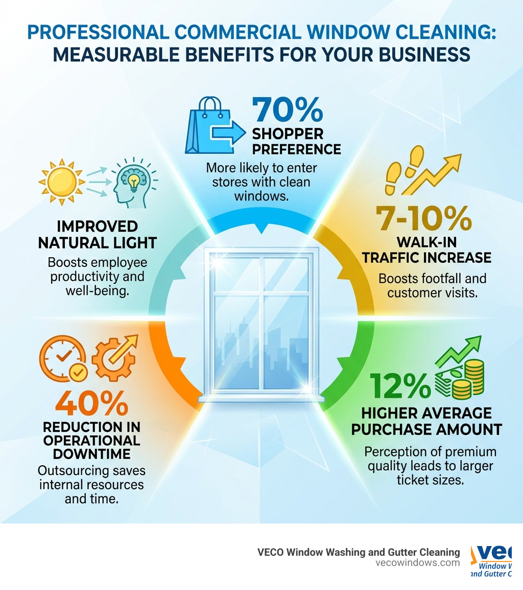 Infographic showing benefits of professional commercial window cleaning: 70% of shoppers prefer stores with clean windows, 7-10% increase in walk-in traffic, 12% higher average purchase amounts, 40% reduction in operational downtime when outsourcing, and improved natural light boosting employee productivity - commercial window cleaning service near me infographic 