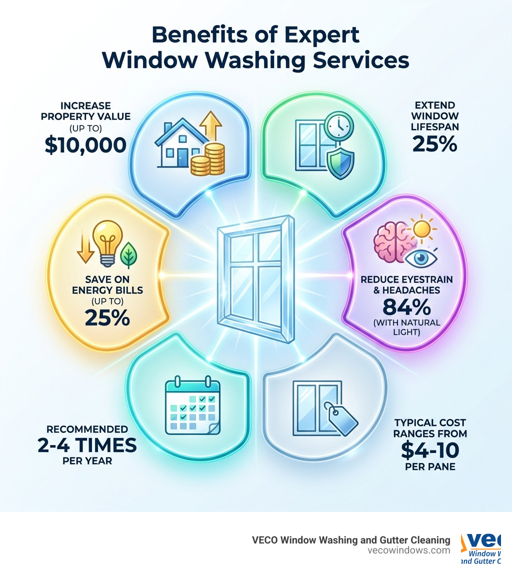 Infographic showing benefits of expert window washing services: increases property value by up to $10,000, extends window lifespan by 25%, saves up to 25% on energy bills, reduces eyestrain and headaches by 84% with natural light, recommended 2-4 times per year, typical cost ranges from $4-10 per pane - expert window washing service infographic Infographic showing benefits of expert window washing services: increases property value by up to $10,000, extends window lifespan by 25%, saves up to 25% on energy bills, reduces eyestrain and headaches by 84% with natural light, recommended 2-4 times per year, typical cost ranges from $4-10 per pane - expert window washing service infographic