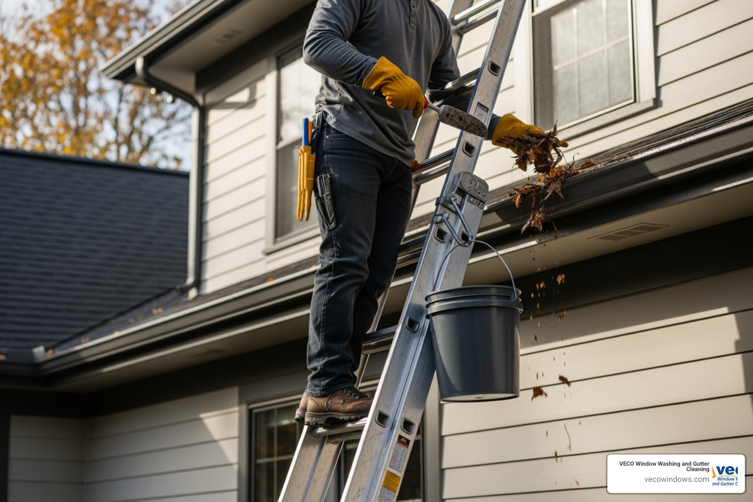 person safely on a ladder with gloves and a bucket, cleaning a gutter - gutter overflow repair
