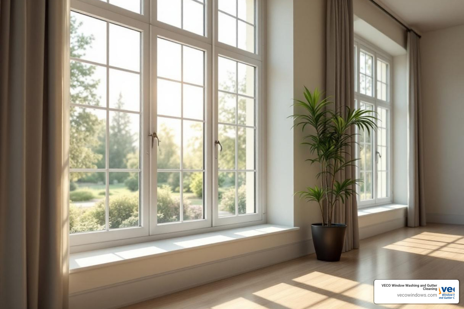 a sun-filled room with sparkling clean windows - professional window washers