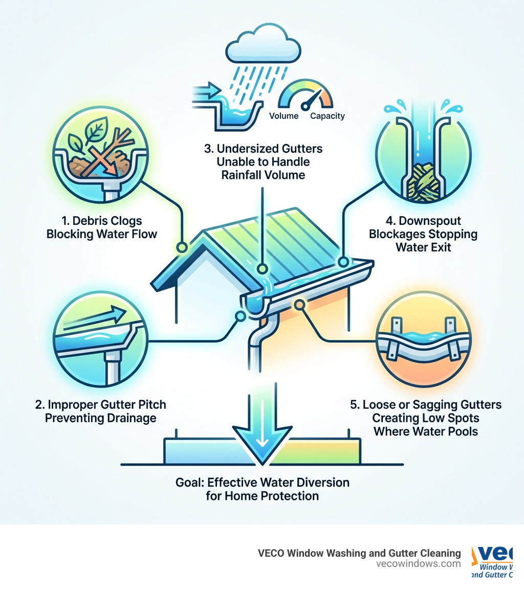 infographic showing the 5 most common causes of gutter overflow: debris clogs blocking water flow, improper gutter pitch preventing drainage, undersized gutters unable to handle rainfall volume, downspout blockages stopping water exit, and loose or sagging gutters creating low spots where water pools - gutter overflow repair infographic 