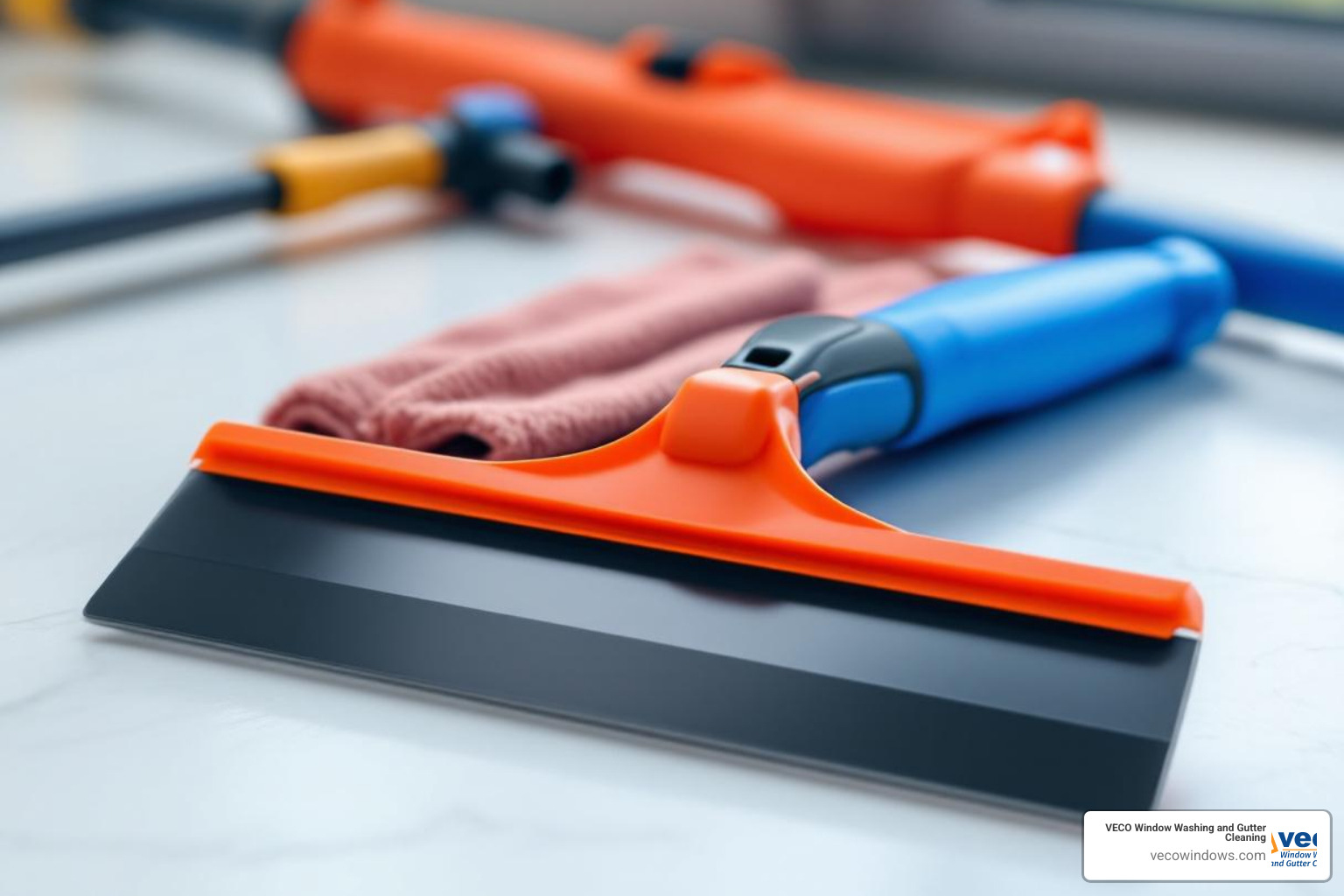 essential window washing tools like a squeegee, microfiber cloths, and a water-fed pole - professional window washers