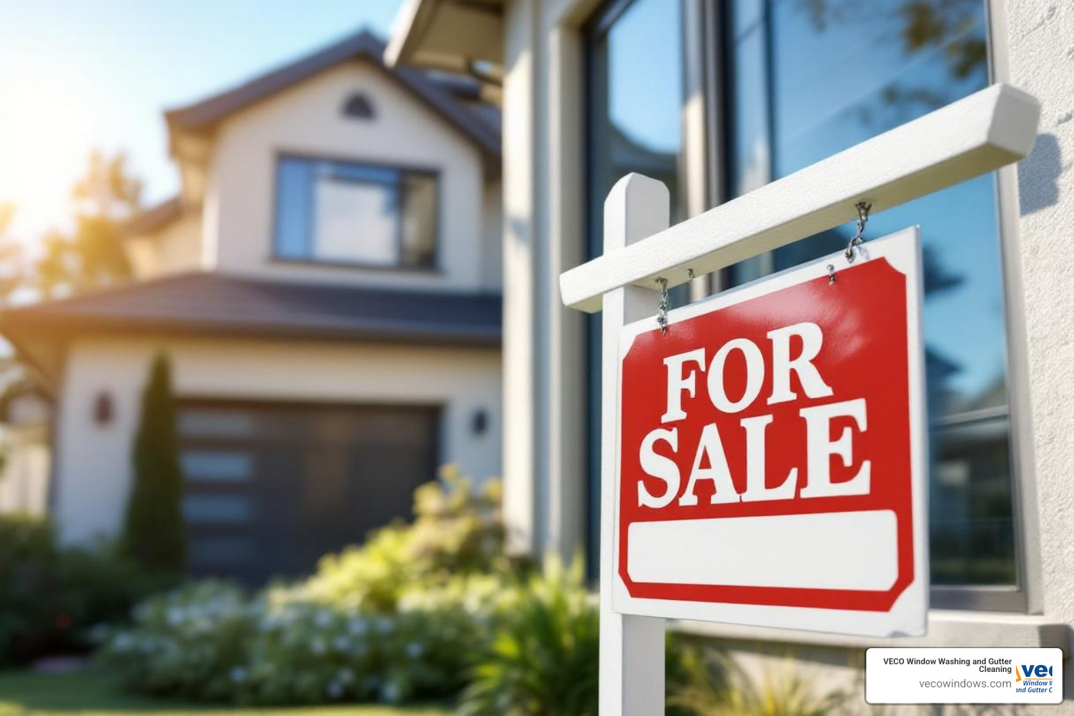 For Sale sign in front of a home with gleaming windows - expert window washing service For Sale sign in front of a home with gleaming windows - expert window washing service