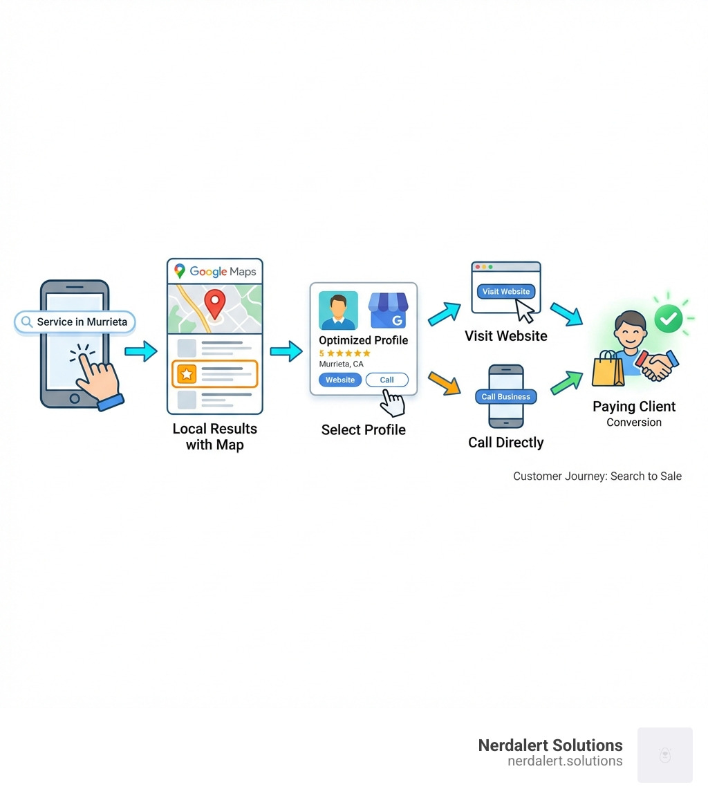 Infographic showing the journey from local search to business visit: User searches on mobile for service in Murrieta, Google displays local results with map, User clicks on optimized Google Business Profile, User visits website or calls business directly, Customer converts into paying client - SEO strategy Murrieta infographic Infographic showing the journey from local search to business visit: User searches on mobile for service in Murrieta, Google displays local results with map, User clicks on optimized Google Business Profile, User visits website or calls business directly, Customer converts into paying client - SEO strategy Murrieta infographic