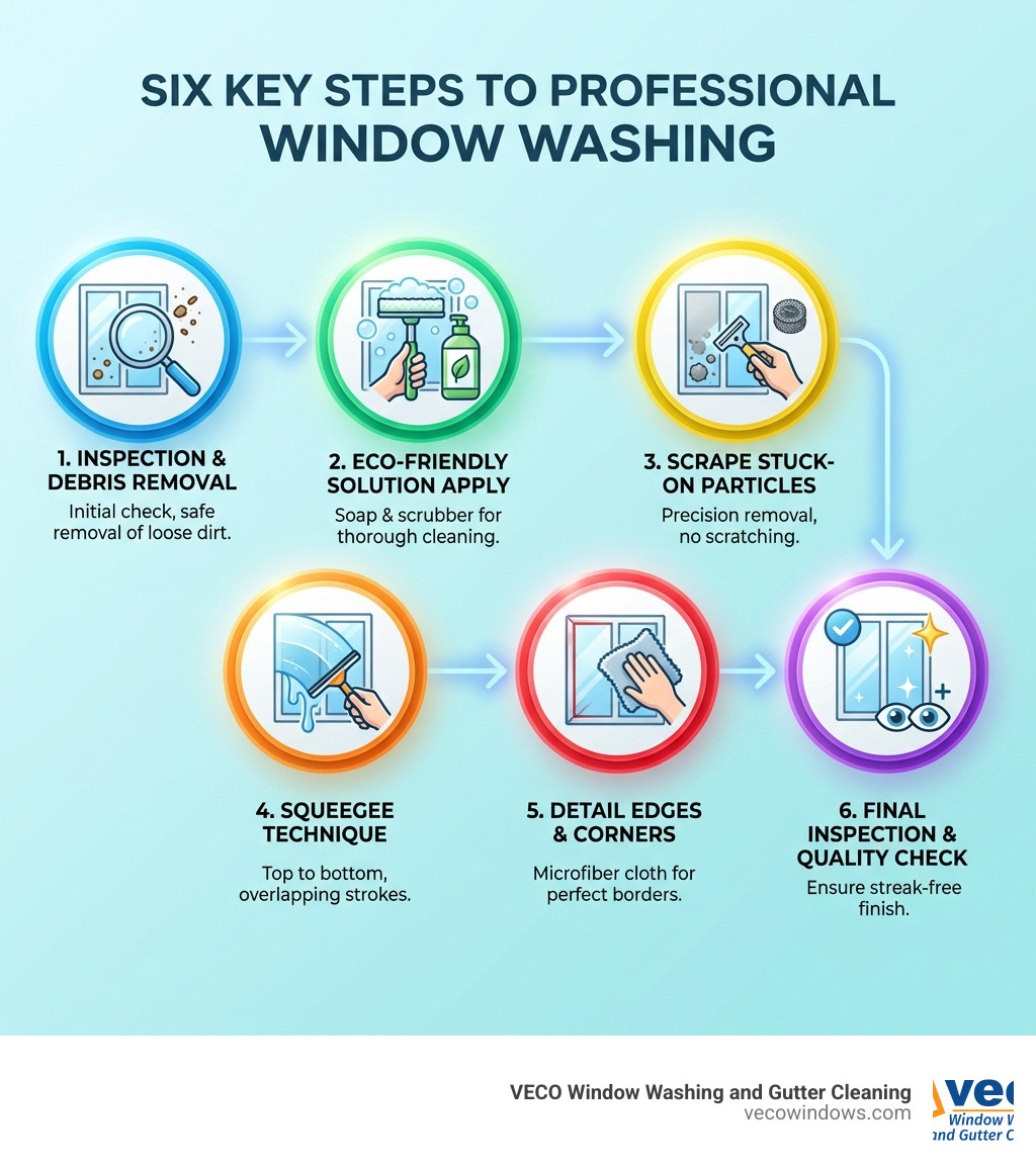 infographic showing the six key steps to professional window washing: 1) Initial inspection and debris removal, 2) Applying eco-friendly cleaning solution with scrubber or mop, 3) Scraping stuck-on particles with razor or steel wool, 4) Squeegee technique from top to bottom in overlapping strokes, 5) Detailing edges and corners with microfiber cloths, 6) Final inspection and quality check for streak-free finish - professional window washers infographic 