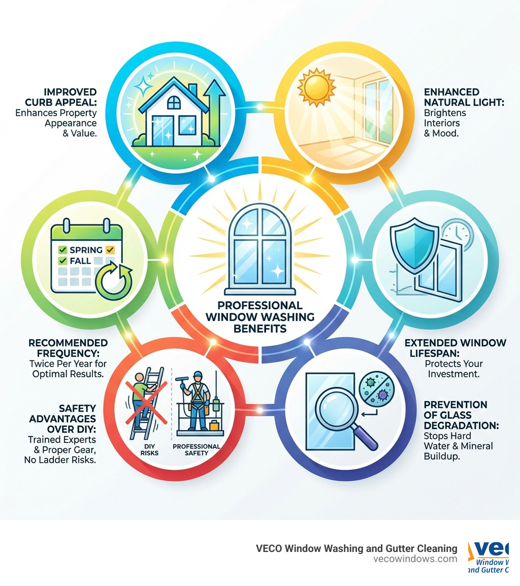 infographic showing benefits of professional window washing including improved curb appeal, enhanced natural light, extended window lifespan, safety advantages over DIY, prevention of glass degradation, and recommended cleaning frequency of twice per year - window washing Glenview IL infographic 