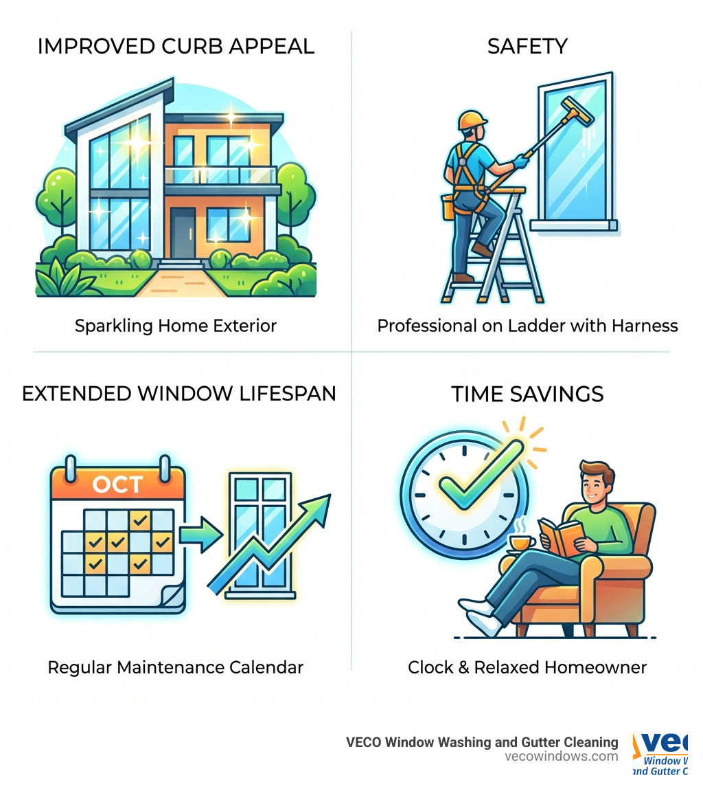 infographic showing four key benefits of professional window cleaning: improved curb appeal with a sparkling home exterior, safety with a professional on a ladder with harness, extended window lifespan with a calendar showing regular maintenance, and time savings with a clock and relaxed homeowner - hire window cleaner infographic infographic showing four key benefits of professional window cleaning: improved curb appeal with a sparkling home exterior, safety with a professional on a ladder with harness, extended window lifespan with a calendar showing regular maintenance, and time savings with a clock and relaxed homeowner - hire window cleaner infographic