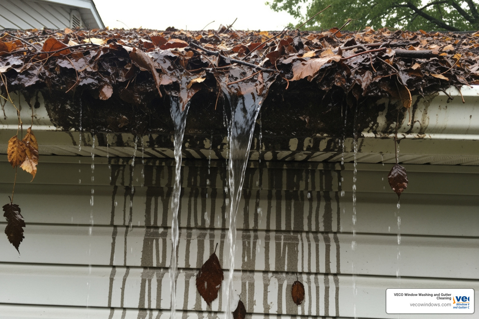clogged gutter with leaves overflowing and water stains on the siding - seamless gutter cleaning