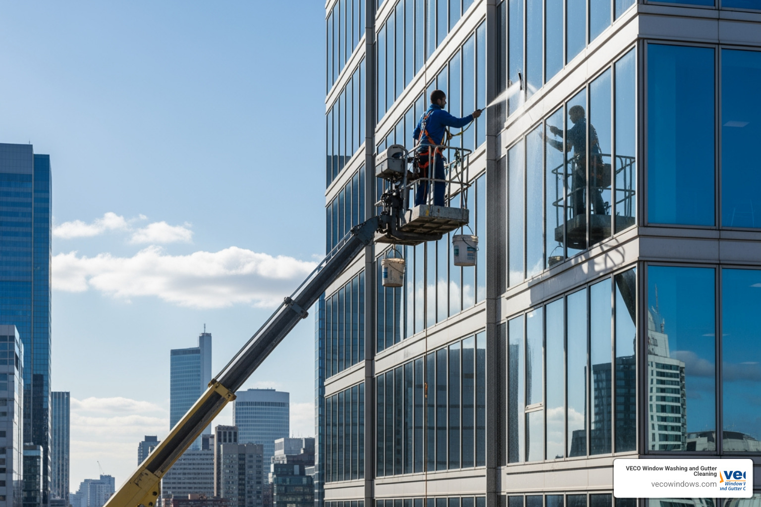 image of a window cleaner on a lift for a multi-story building - commercial window cleaning cost image of a window cleaner on a lift for a multi-story building - commercial window cleaning cost