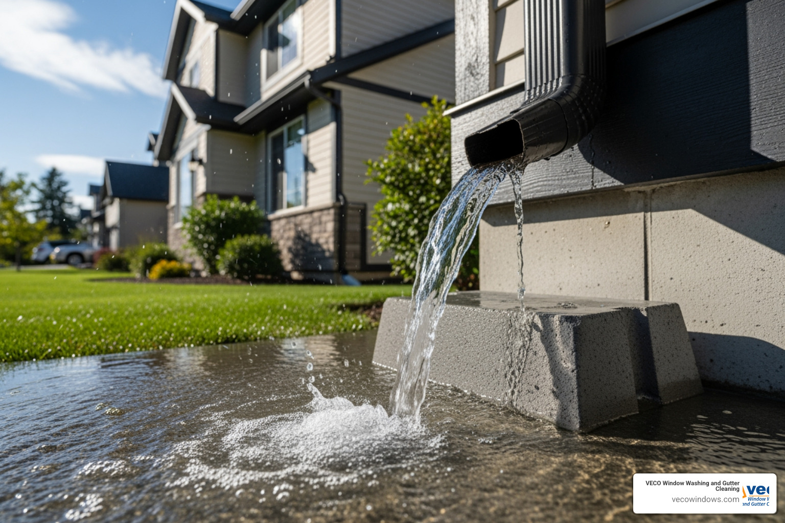 water correctly flowing from a clean gutter away from a house foundation - seamless gutter cleaning