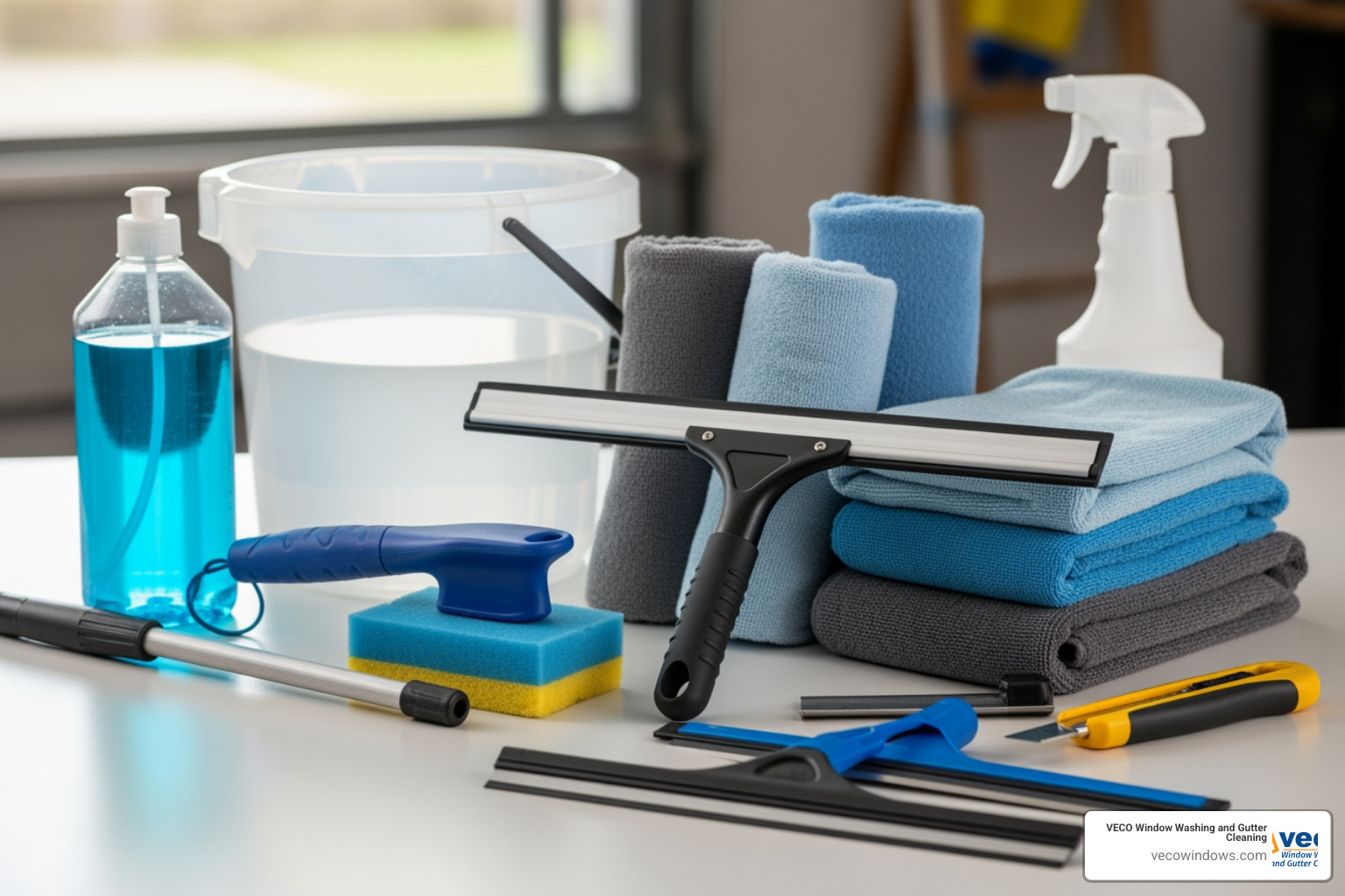 A window cleaning toolkit including a squeegee, microfiber cloths, a bucket, and a scrubber - outside glass cleaning