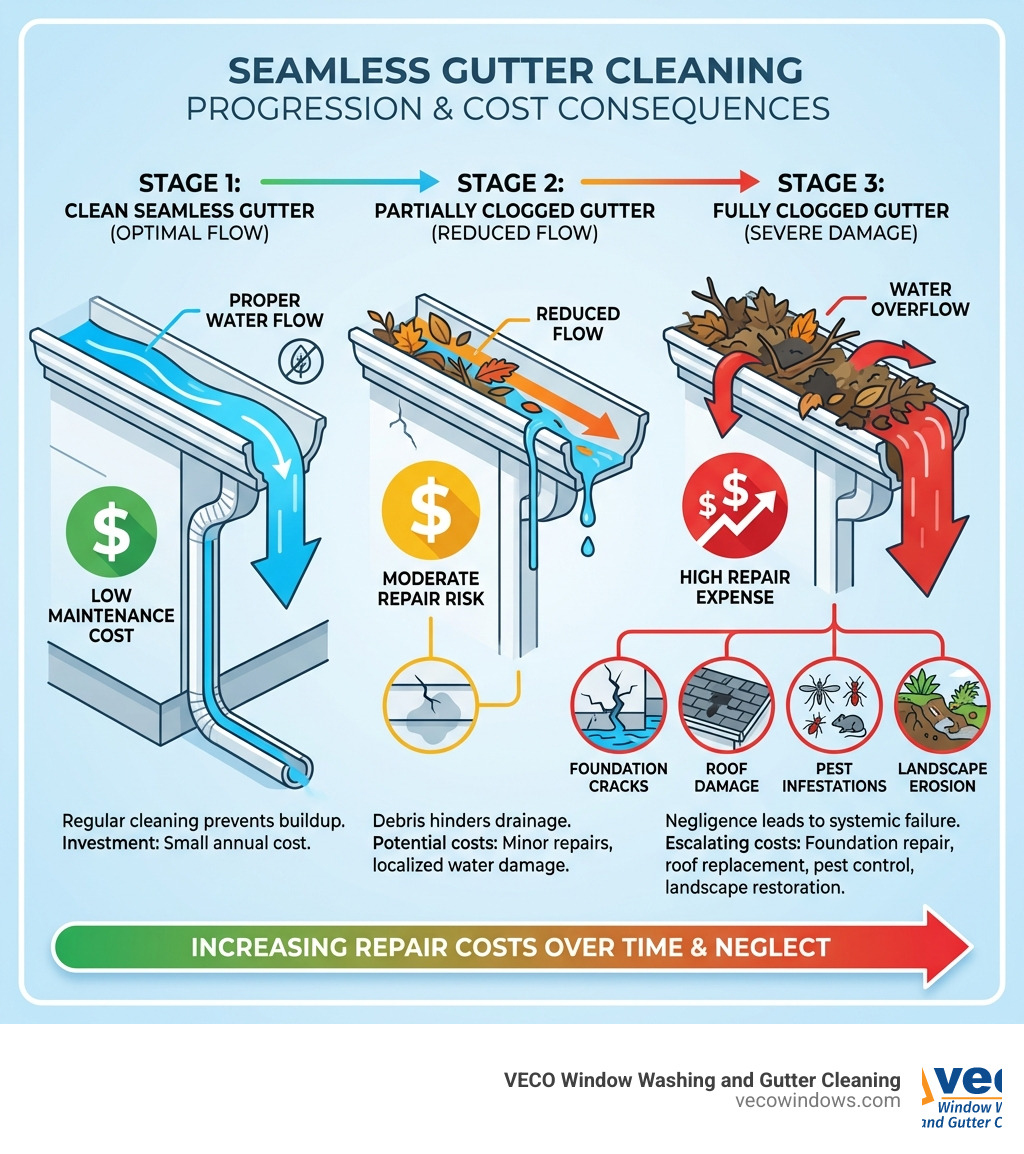 infographic showing the progression from clean gutters to clogged gutters with consequences: clean seamless gutter with proper water flow, partially clogged gutter with reduced flow, fully clogged gutter leading to water overflow, foundation cracks, roof damage, pest infestations, and landscape erosion, with cost indicators showing repair expenses increasing at each stage - seamless gutter cleaning infographic 