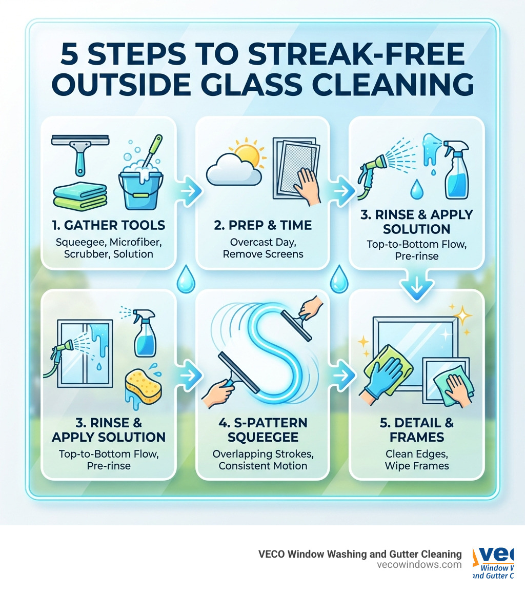 Infographic showing the 5 key steps to streak-free outside glass cleaning: 1) Gather proper tools including squeegee and microfiber cloths, 2) Choose an overcast day and remove screens, 3) Pre-rinse and apply cleaning solution from top to bottom, 4) Use S-pattern squeegee technique with overlapping strokes, 5) Detail edges and clean window frames - outside glass cleaning infographic 