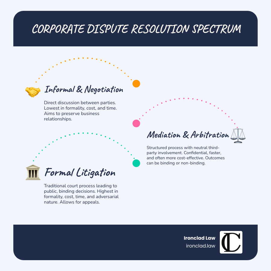 infographic explaining the spectrum of dispute resolution from informal negotiation on the left through mediation and arbitration in the middle to formal litigation on the right, with arrows indicating increasing formality, cost, and time commitment - corporate dispute resolution infographic infographic-line-3-steps-blues-accent_colors infographic explaining the spectrum of dispute resolution from informal negotiation on the left through mediation and arbitration in the middle to formal litigation on the right, with arrows indicating increasing formality, cost, and time commitment - corporate dispute resolution infographic infographic-line-3-steps-blues-accent_colors