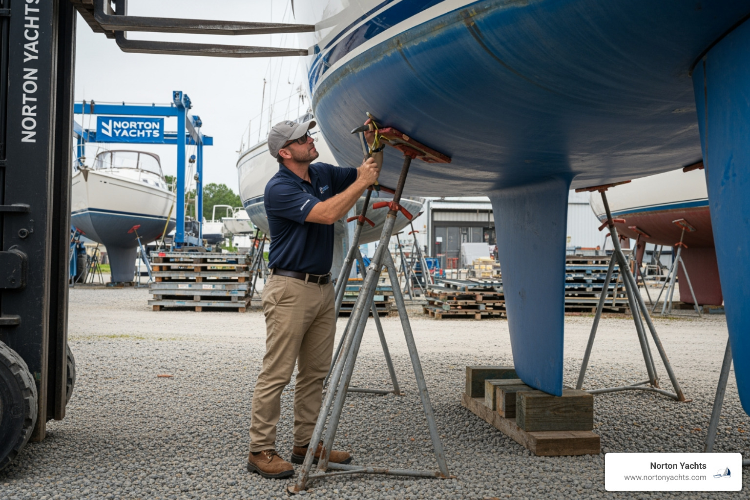 marine surveyor inspecting a hull during a haul-out at Norton’s boatyard - used sailboat listings