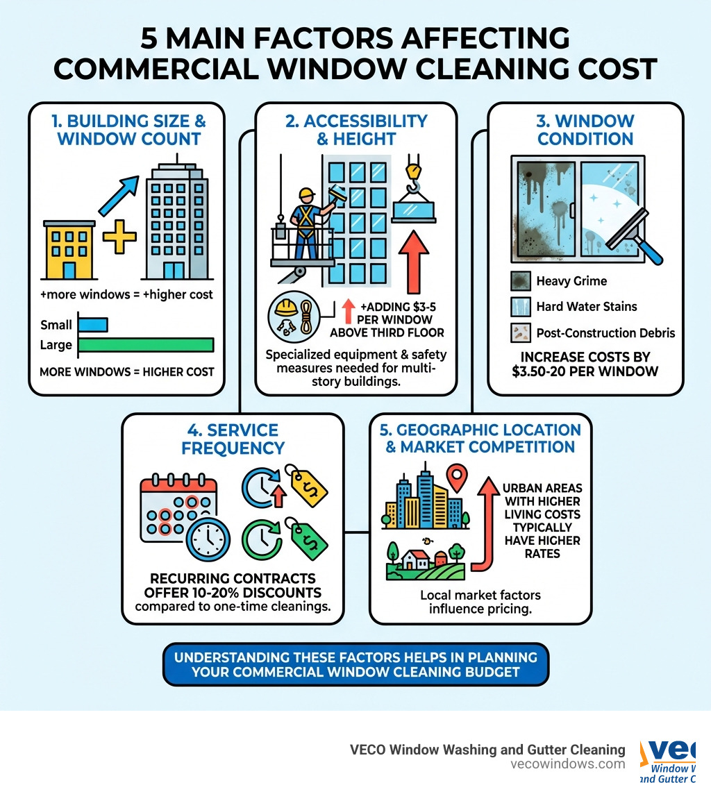 Infographic showing the 5 main factors affecting commercial window cleaning cost: 1) Building Size & Window Count (more windows = higher cost), 2) Accessibility & Height (multi-story buildings require specialized equipment and safety measures, adding $3-5 per window above third floor), 3) Window Condition (heavy grime, hard water stains, and post-construction debris increase costs by $3.50-20 per window), 4) Service Frequency (recurring contracts offer 10-20% discounts compared to one-time cleanings), and 5) Geographic Location & Market Competition (urban areas with higher living costs typically have higher rates) - commercial window cleaning cost infographic Infographic showing the 5 main factors affecting commercial window cleaning cost: 1) Building Size & Window Count (more windows = higher cost), 2) Accessibility & Height (multi-story buildings require specialized equipment and safety measures, adding $3-5 per window above third floor), 3) Window Condition (heavy grime, hard water stains, and post-construction debris increase costs by $3.50-20 per window), 4) Service Frequency (recurring contracts offer 10-20% discounts compared to one-time cleanings), and 5) Geographic Location & Market Competition (urban areas with higher living costs typically have higher rates) - commercial window cleaning cost infographic