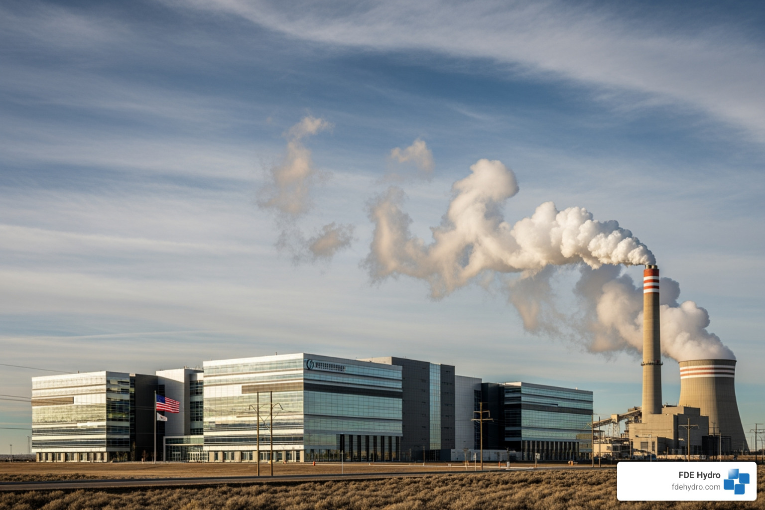 large data center with power plant smokestack overlay - Sustainable blockchain technology large data center with power plant smokestack overlay - Sustainable blockchain technology