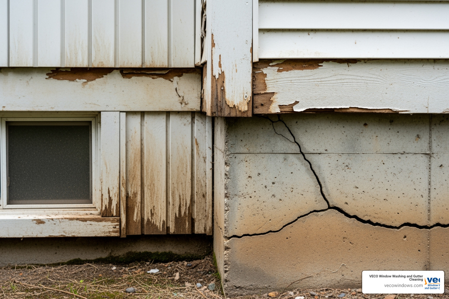 Water-stained siding and a cracked foundation - professional gutter cleaning