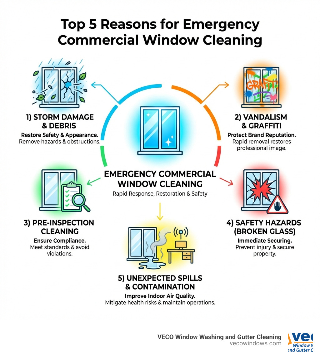 Infographic showing the top 5 reasons businesses need emergency commercial window cleaning: 1) Storm damage and debris removal to restore safety and appearance, 2) Vandalism and graffiti removal to protect brand reputation, 3) Pre-inspection cleaning for compliance and violations, 4) Safety hazards from broken glass requiring immediate securing, and 5) Unexpected spills or contamination affecting indoor air quality and business operations - emergency commercial window cleaning infographic 