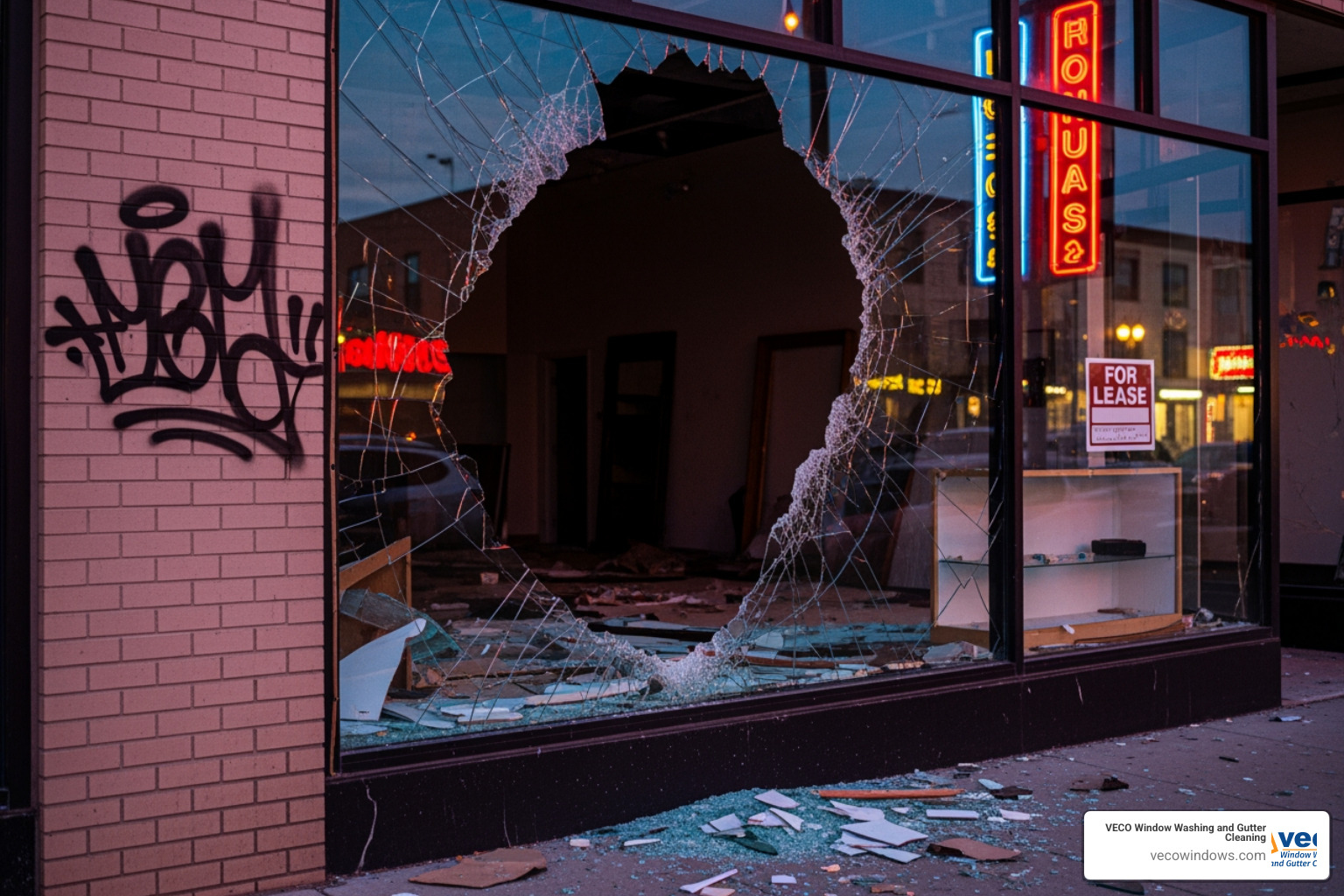 shattered window vandalism commercial building - emergency commercial window cleaning