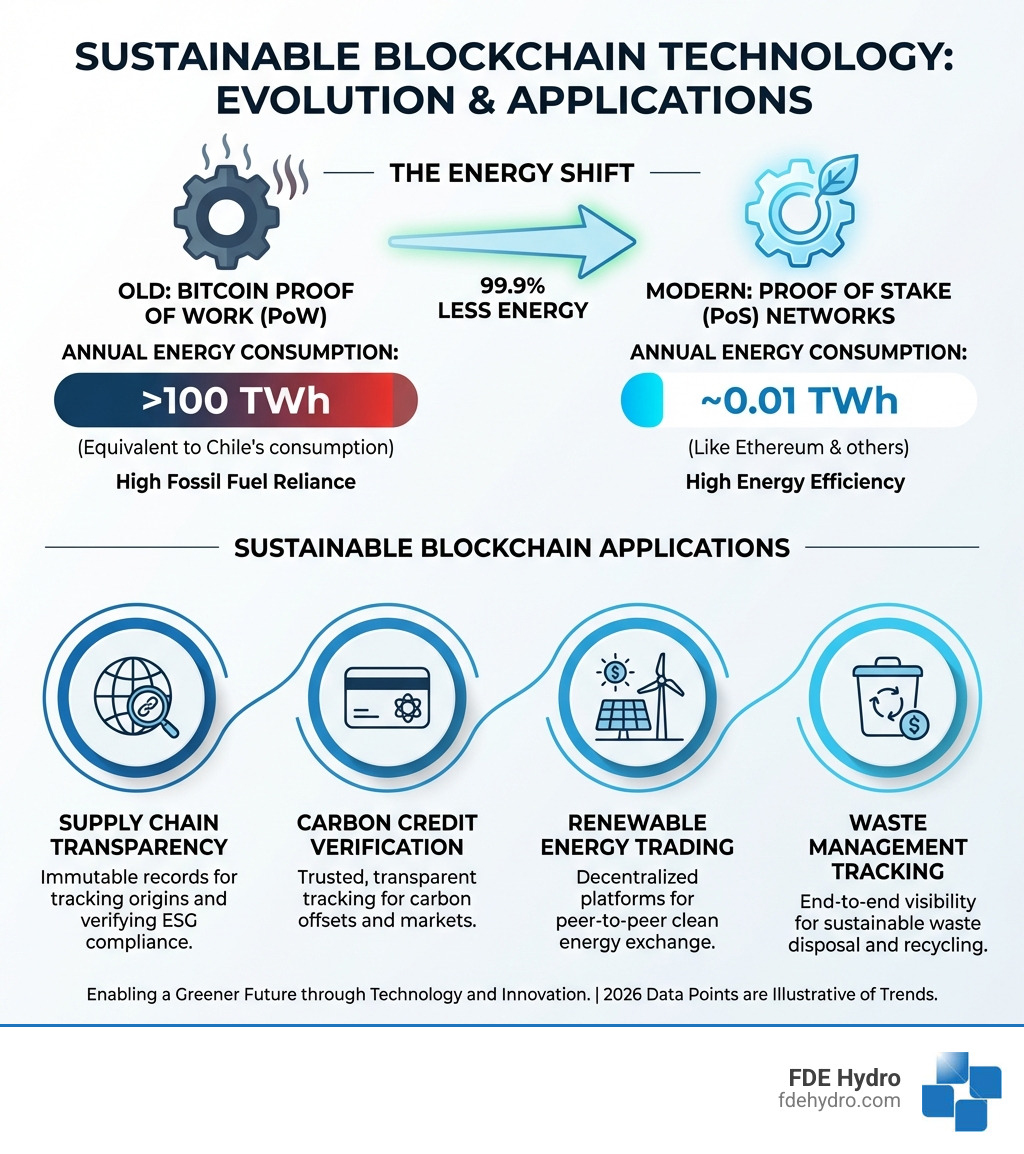 infographic showing energy consumption comparison: Bitcoin Proof of Work at 100+ TWh annually versus modern Proof of Stake networks like Ethereum at 0.01 TWh, alongside applications including supply chain transparency, carbon credit verification, renewable energy trading, and waste management tracking - Sustainable blockchain technology infographic infographic showing energy consumption comparison: Bitcoin Proof of Work at 100+ TWh annually versus modern Proof of Stake networks like Ethereum at 0.01 TWh, alongside applications including supply chain transparency, carbon credit verification, renewable energy trading, and waste management tracking - Sustainable blockchain technology infographic