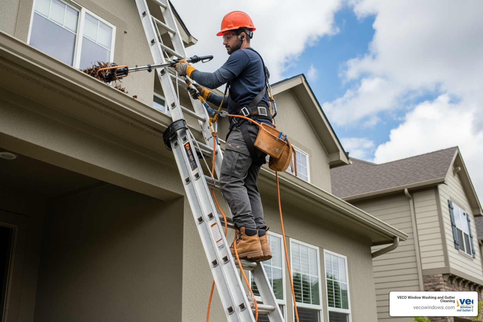 Professional gutter cleaner using safety harnesses and proper equipment - professional gutter cleaning