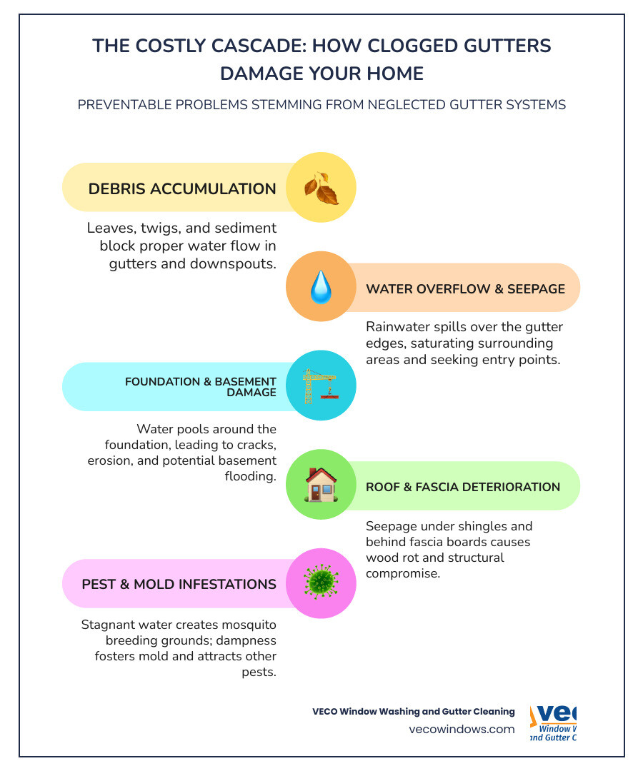 Infographic showing the flow of water from roof through gutters to downspouts and away from foundation, with callouts highlighting blockage points and resulting damage like foundation cracks, roof rot, fascia decay, basement flooding, and pest infestations - professional gutter cleaning infographic infographic-line-5-steps-colors