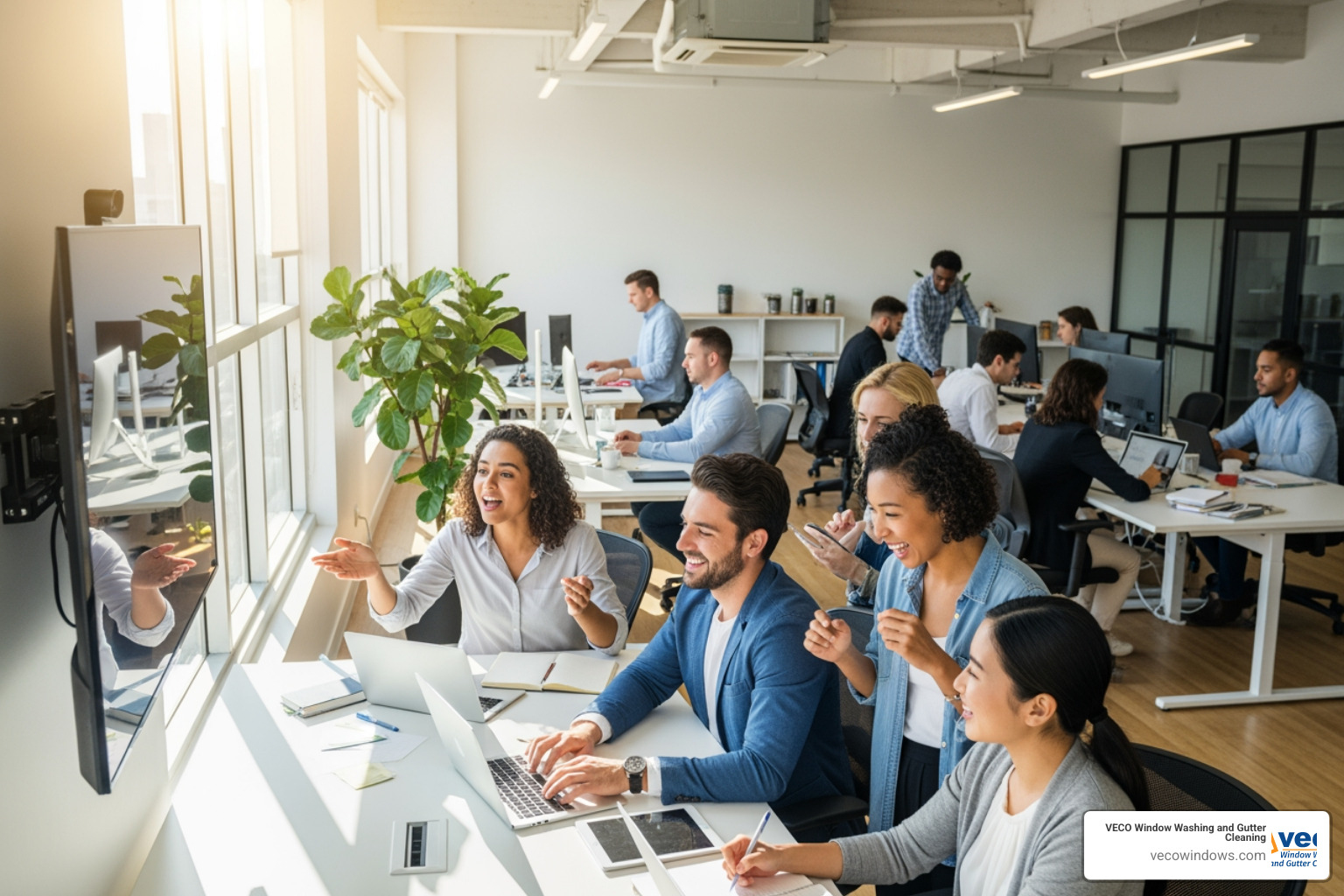 bright, sunlit office interior with happy employees - office building window cleaning