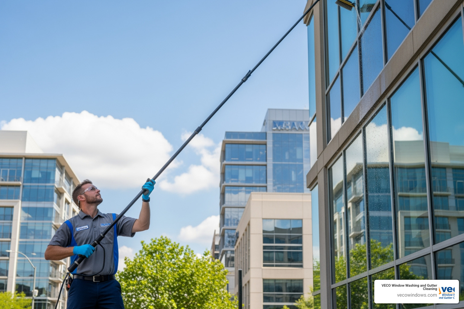 window cleaner using a water-fed pole on a mid-rise building - office building window cleaning