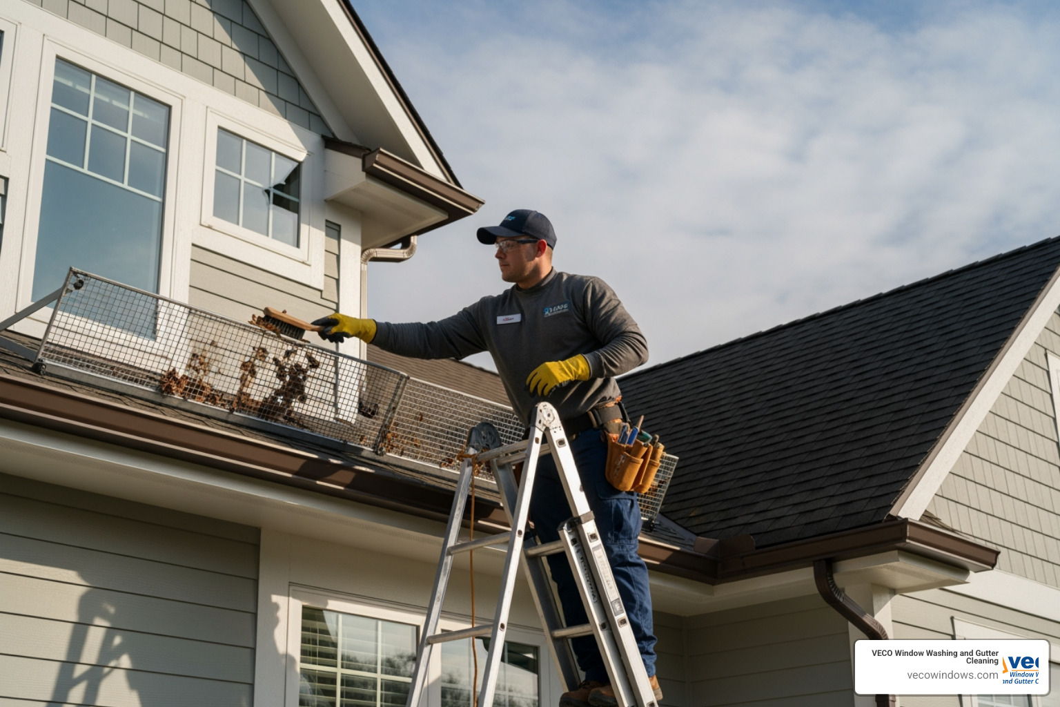 uniformed technician safely cleaning a gutter guard by hand - gutter guard cleaning service uniformed technician safely cleaning a gutter guard by hand - gutter guard cleaning service