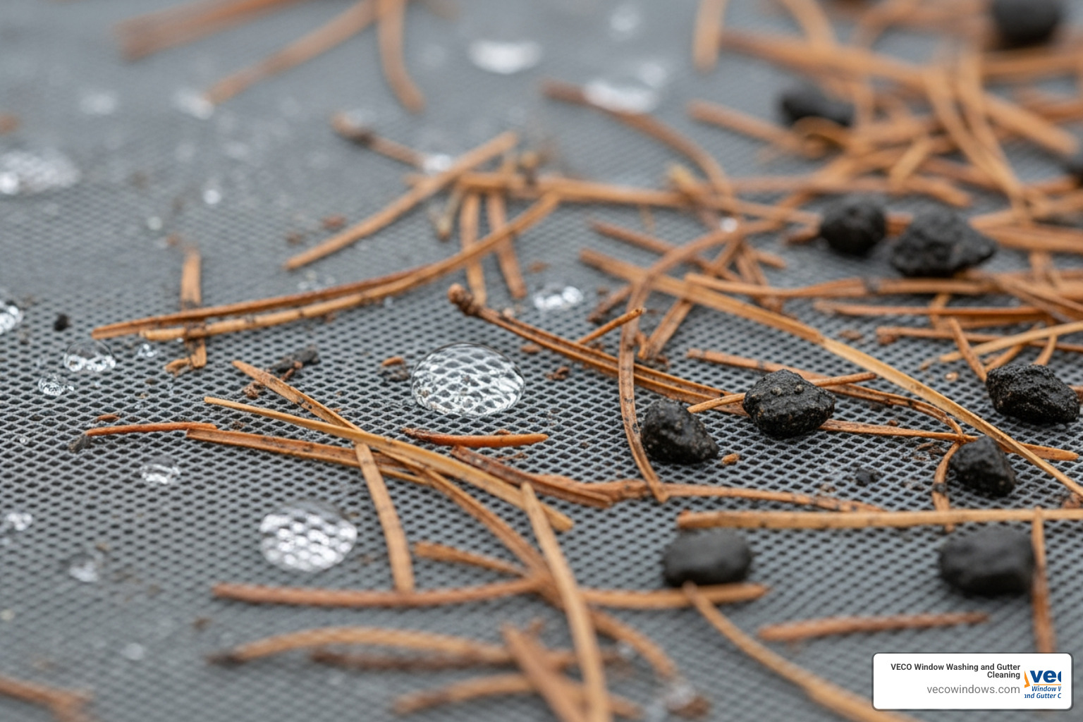 fine pine needles and shingle grit on top of a micro-mesh guard - gutter guard cleaning service fine pine needles and shingle grit on top of a micro-mesh guard - gutter guard cleaning service