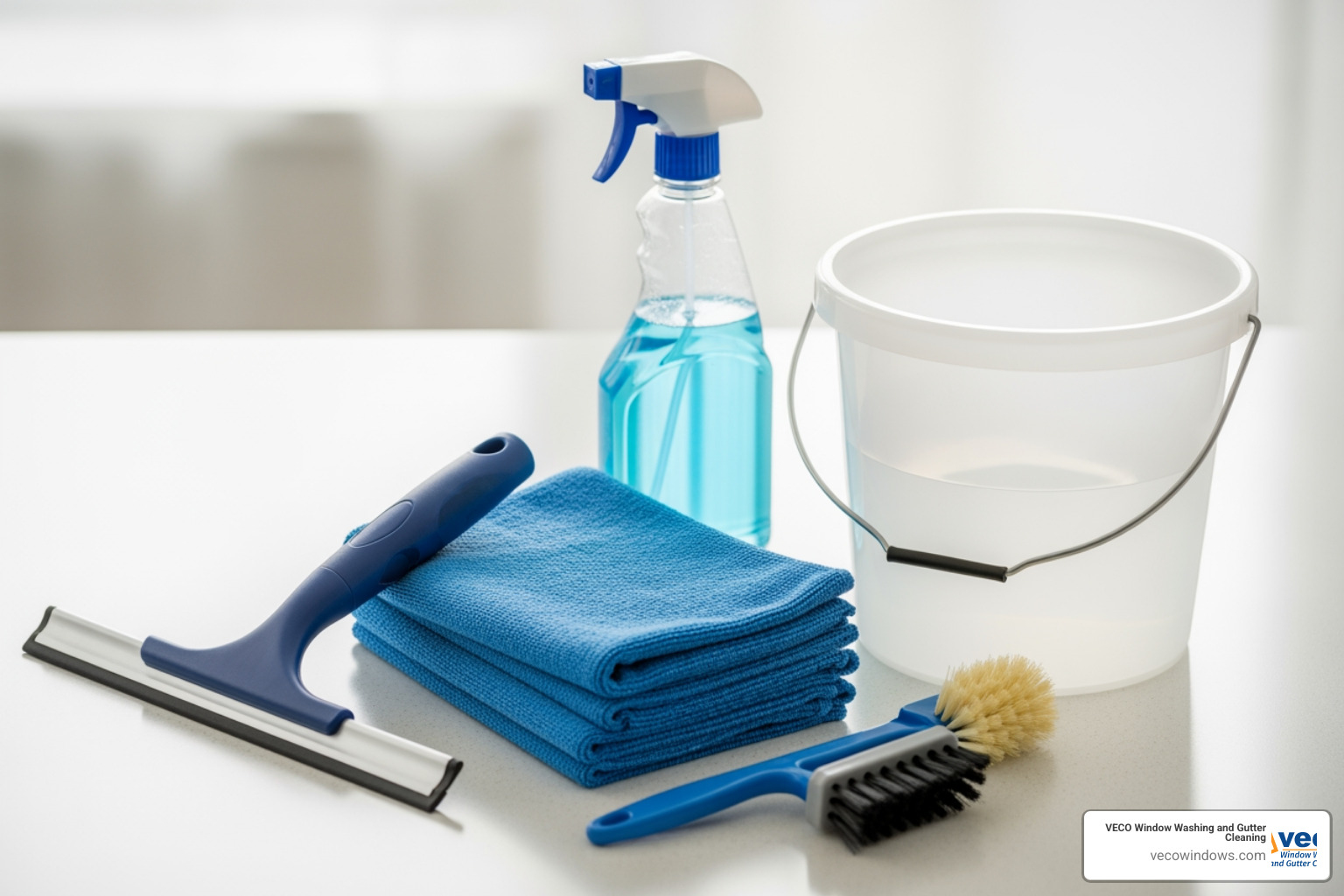 Image of a window cleaning toolkit including a squeegee, microfiber cloths, and a bucket - household window cleaner