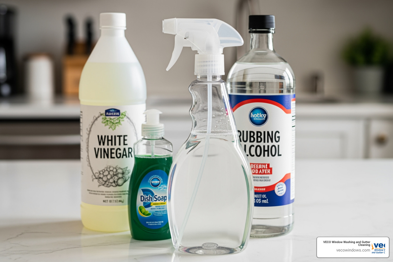 Image of common household ingredients like vinegar, rubbing alcohol, and dish soap next to a spray bottle - household window cleaner