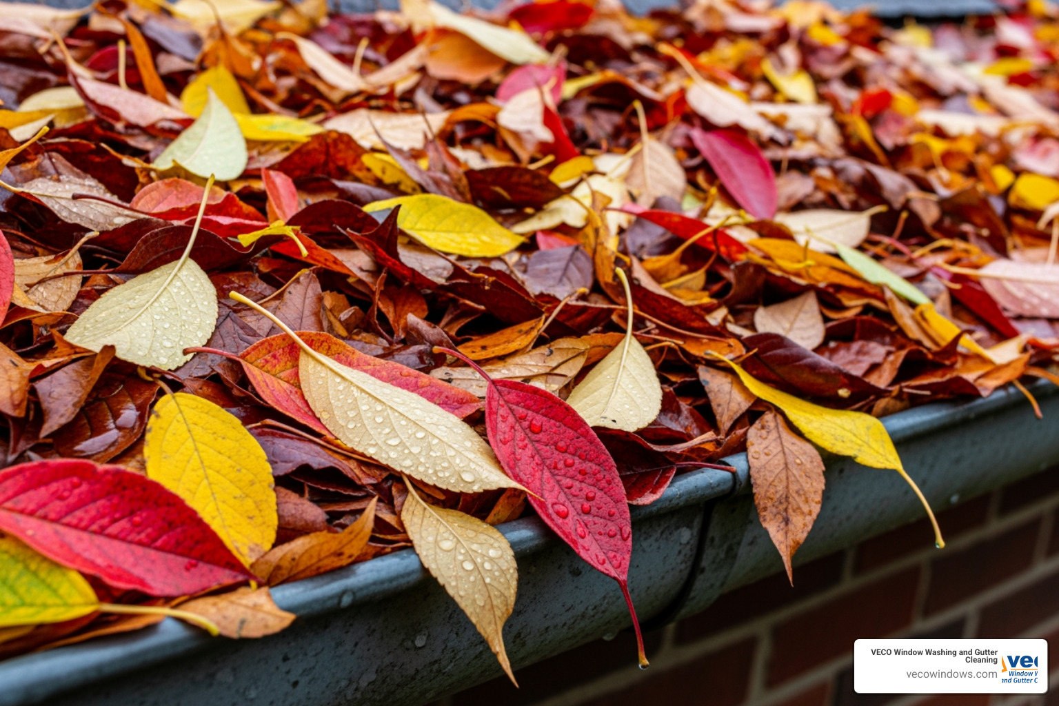 colorful fall leaves completely filling a roof gutter - residential gutter cleaning colorful fall leaves completely filling a roof gutter - residential gutter cleaning