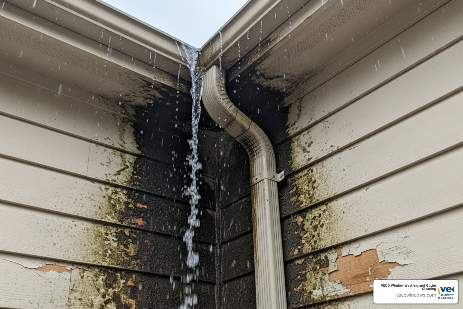 a gutter overflowing with water staining the side of a house - residential gutter cleaning a gutter overflowing with water staining the side of a house - residential gutter cleaning