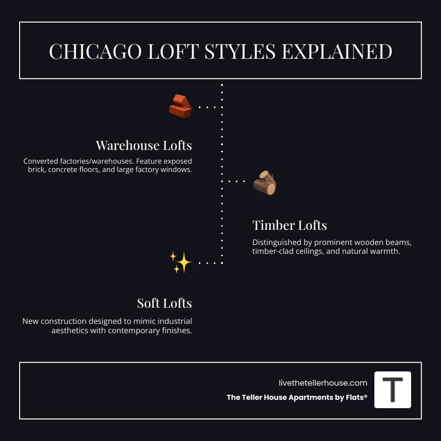 infographic showing three types of Chicago lofts: warehouse lofts with exposed brick and concrete floors, timber lofts with prominent wooden beams and high ceilings, and soft lofts with modern finishes designed to mimic industrial aesthetics - chicago luxury lofts infographic infographic-line-3-steps-dark