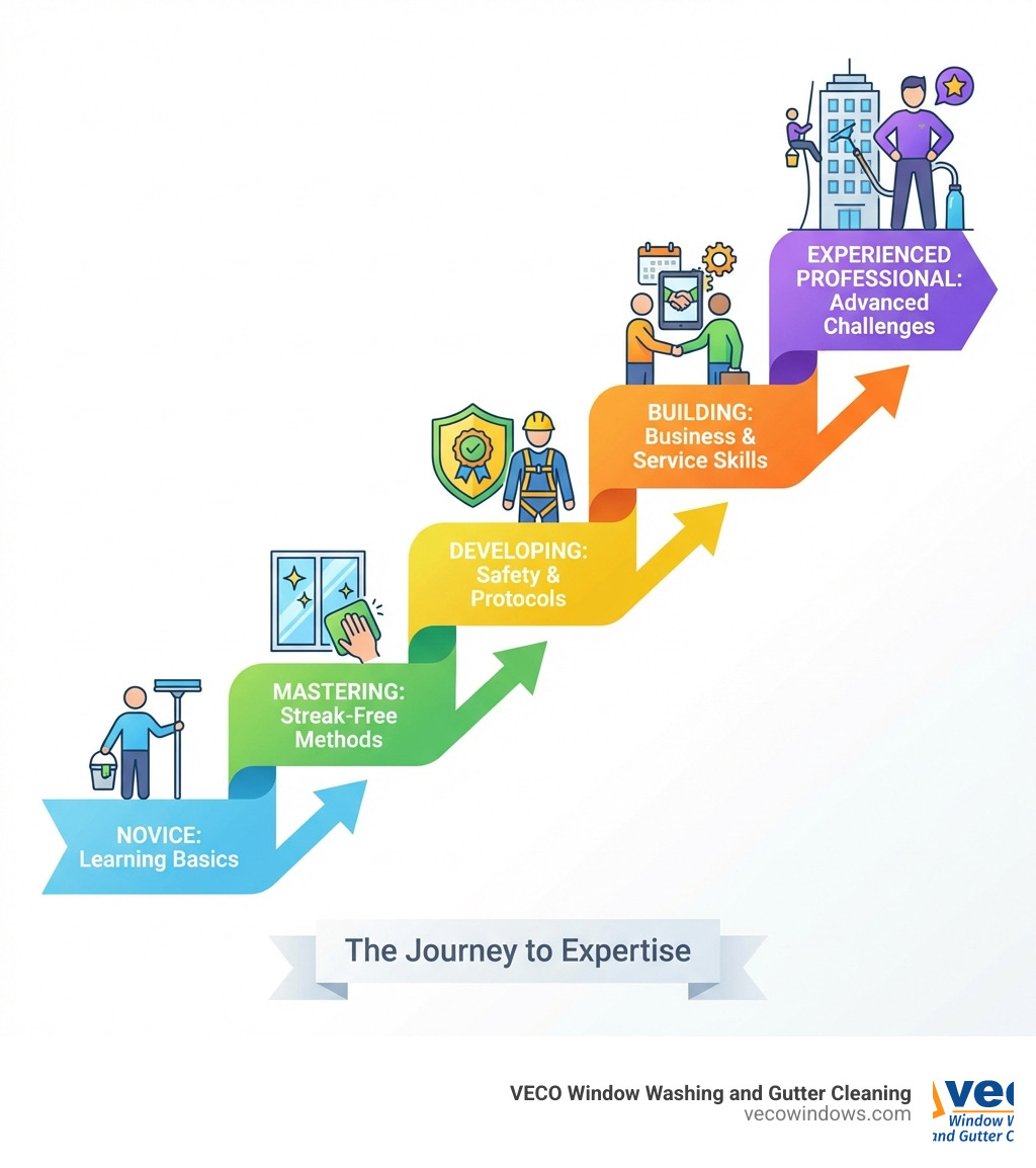 Infographic showing the progression from novice window cleaner to experienced professional, including stages: Learning basic tools and techniques, Mastering streak-free cleaning methods, Developing safety certifications and protocols, Building customer service and business skills, Expanding to advanced equipment and challenging jobs - experienced window cleaner infographic Infographic showing the progression from novice window cleaner to experienced professional, including stages: Learning basic tools and techniques, Mastering streak-free cleaning methods, Developing safety certifications and protocols, Building customer service and business skills, Expanding to advanced equipment and challenging jobs - experienced window cleaner infographic