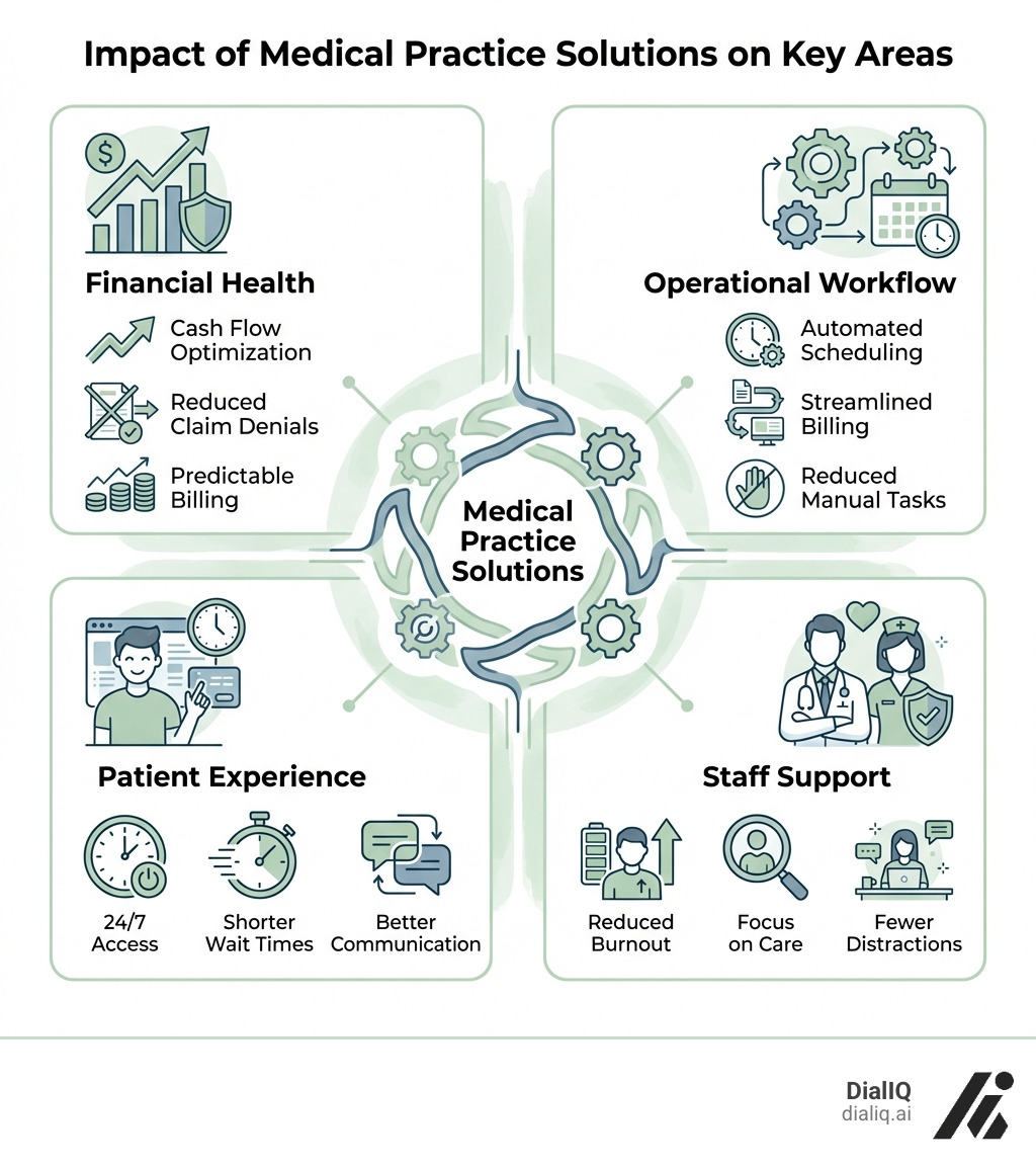Infographic showing four key areas improved by medical practice solutions: Financial Health (cash flow optimization, reduced claim denials, predictable billing), Operational Workflow (automated scheduling, streamlined billing, reduced manual tasks), Patient Experience (24/7 access, shorter wait times, better communication), and Staff Support (reduced burnout, focus on care, fewer distractions) - Medical practice solutions infographic 