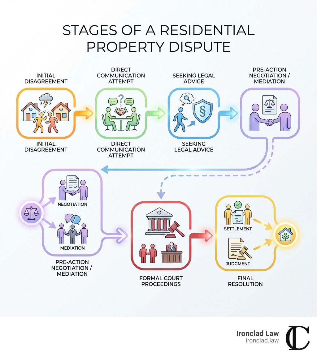 Infographic showing the stages of a residential property dispute: Initial disagreement between parties, attempt at direct communication, seeking legal advice from a solicitor, pre-action negotiation or mediation, formal court proceedings if needed, and final resolution through settlement or judgment - residential property dispute solicitors infographic 