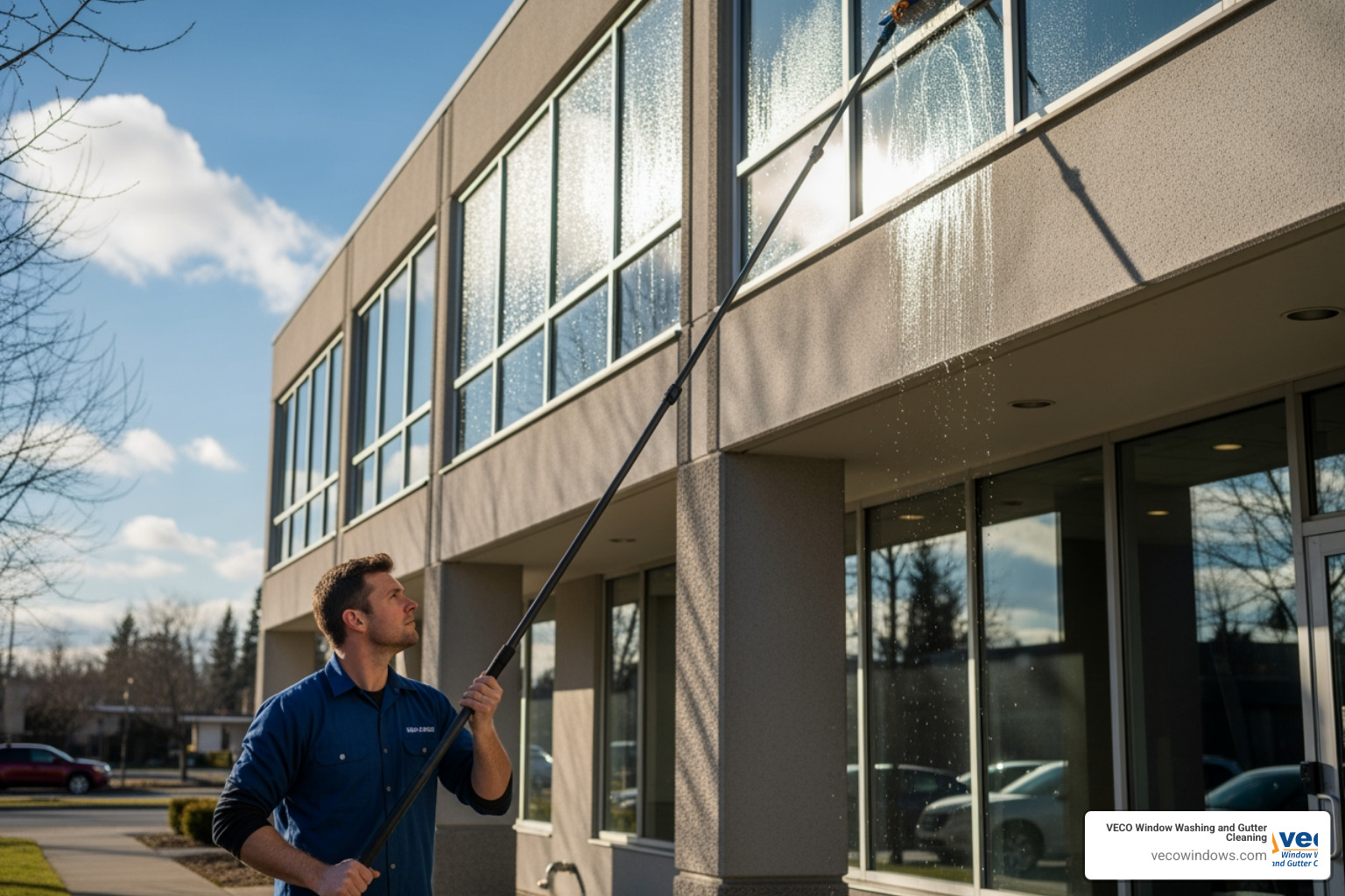 window cleaning professional using a water-fed pole system on a two-story building - commercial window cleaning services