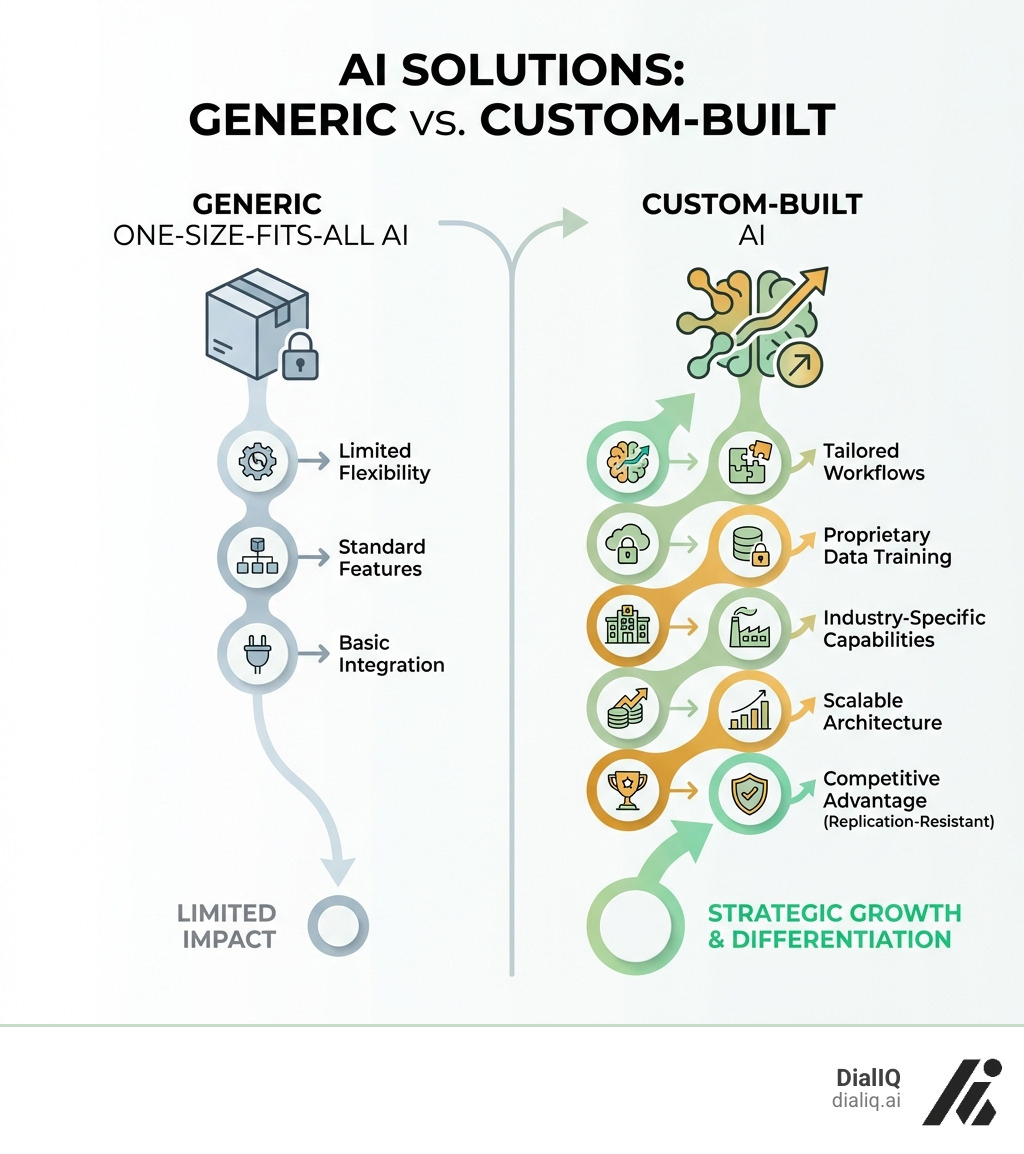 Infographic comparing generic one-size-fits-all AI showing limited flexibility, standard features, and basic integration versus custom-built AI showing tailored workflows, proprietary data training, industry-specific capabilities, scalable architecture, and competitive advantage that cannot be replicated - Custom AI solutions infographic 