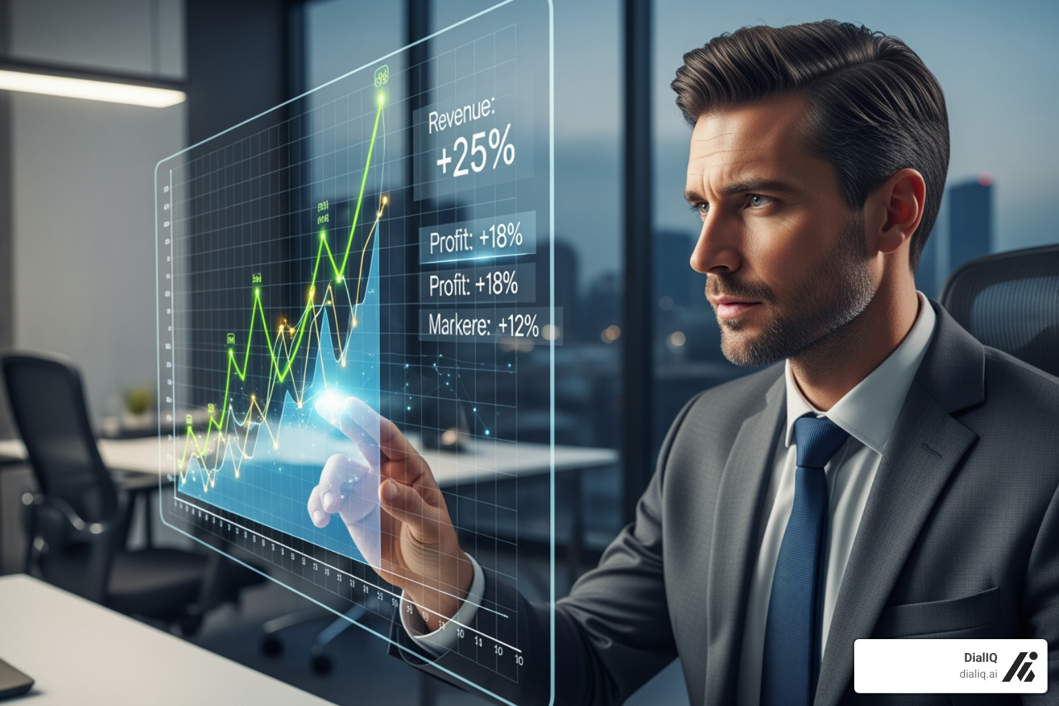 businessperson looking at a chart showing steep upward growth labeled "AI-Driven ROI" - Custom AI solutions